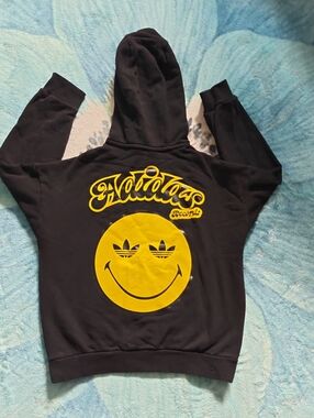 adidas Originals Black Hoodie with Yellow Smiley Logo